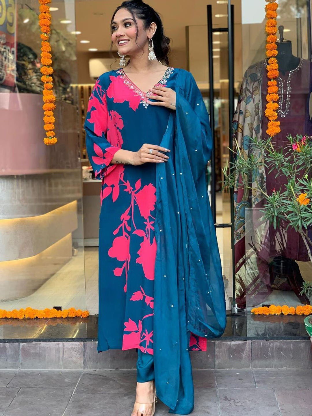 Floral Printed V-Neck Beads and Stones Kurta With Trousers & Dupatta