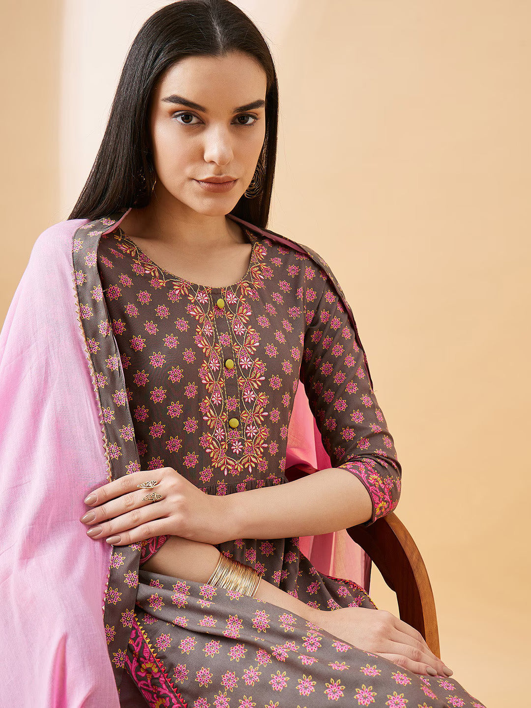 Ethnic Motif Printed Regular Thread Work Kurta With Trousers & Dupatta