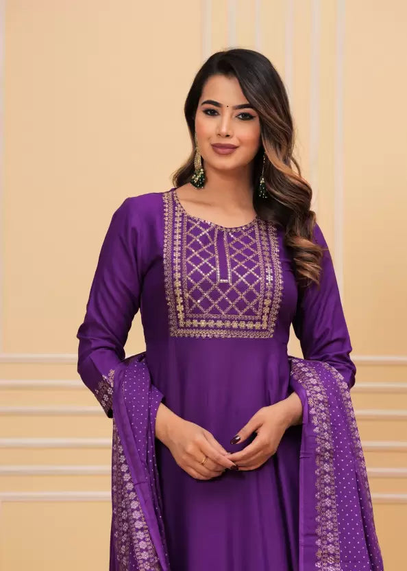 Women Purple Viscose Rayon Kurta Pant Dupatta Set