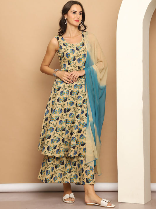 Floral Printed Pure Cotton Anarkali Kurta With Palazzos & Dupatta