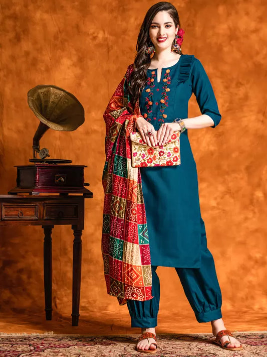 Women Blue Cotton Blend Kurta Salwar Dupatta Set