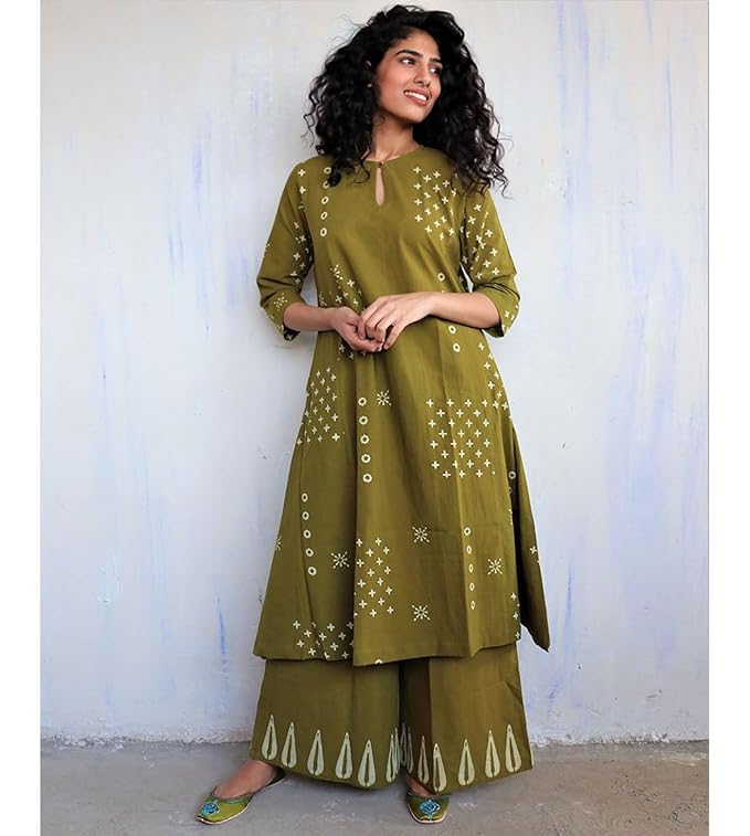 Mehandi Cotton Kurta Palazzo Set