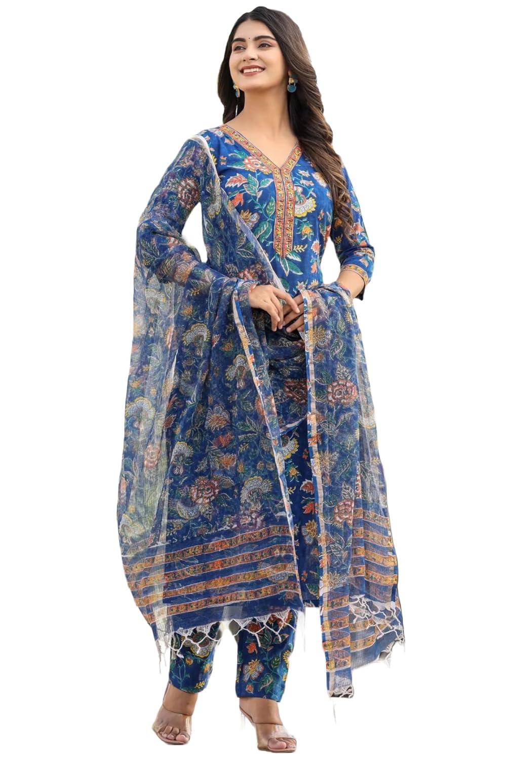 Women Floral Blue Kurta with Pant & Dupatta