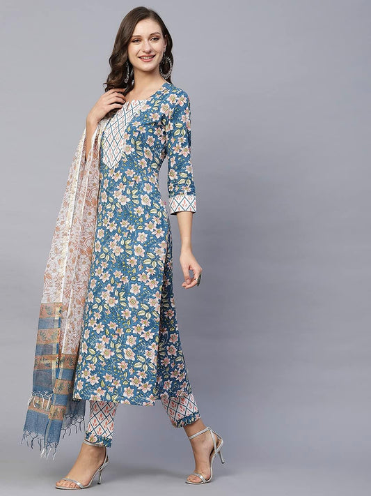 Women Blue Floral Kurta with Pant & Dupatta