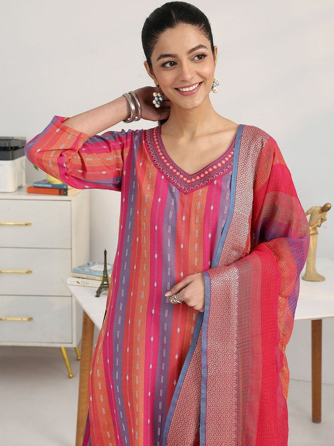 Women Striped Regular Thread Work Kurta with Trousers & With Dupatta