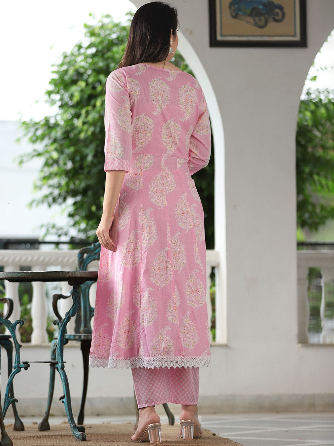 Ethnic Motifs Thread Work Pure Cotton Anarkali Kurta With Trousers & Dupatta