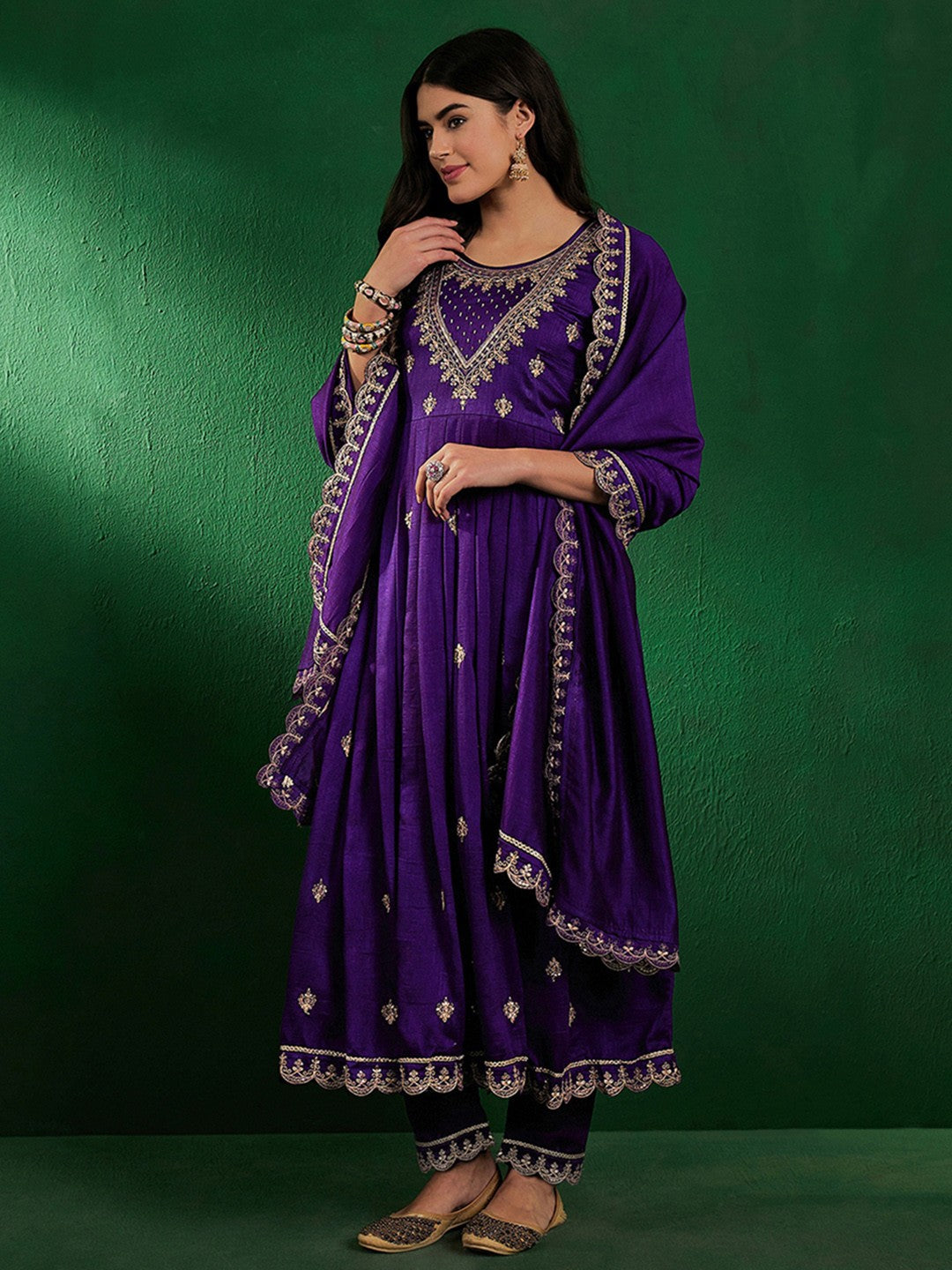 Embroidered Zardosi Zari Sequined Velvet A-Line Kurta With Palazzos & Dupatta