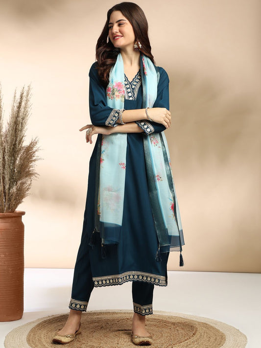 Embroidered Sequinned Straight Kurta With Trouser And Dupatta
