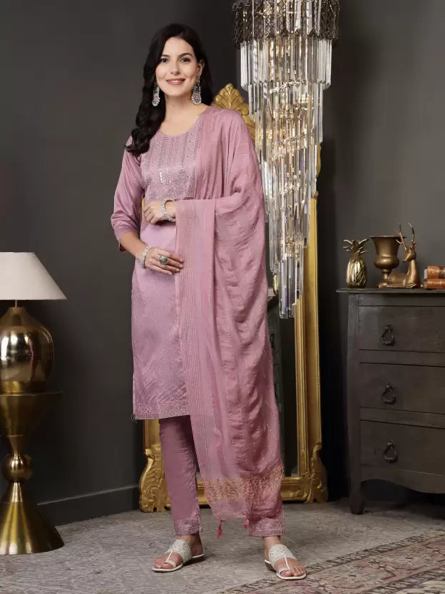 Women Cotton Blend, Silk Blend Kurta Pant Dupatta Set