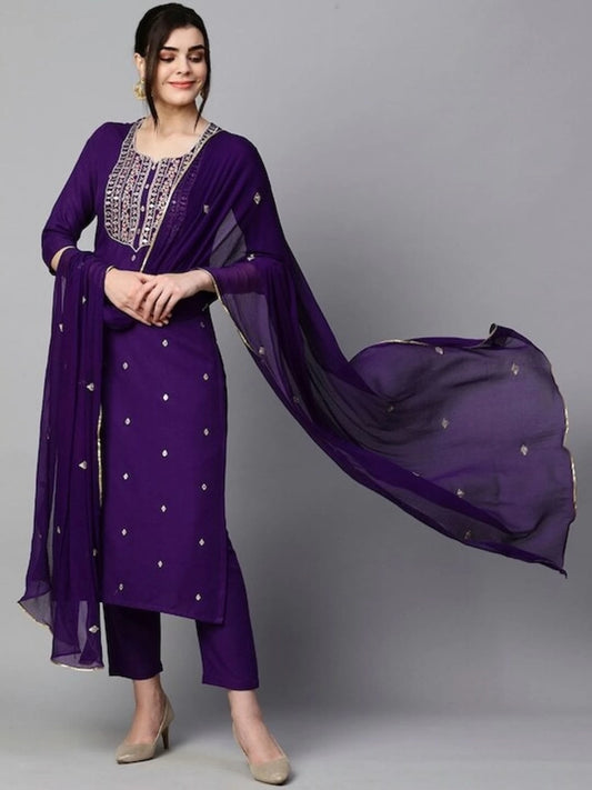 Women Purple Viscose Rayon Kurta Pant Dupatta Set