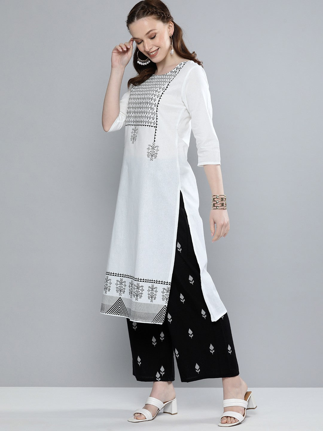 Women White & Black Printed Regular Pure Cotton Kurta with Palazzos & With Dupatta