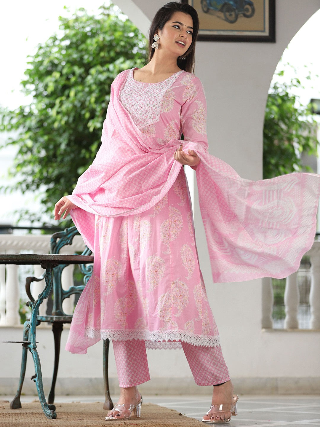 Ethnic Motifs Thread Work Pure Cotton Anarkali Kurta With Trousers & Dupatta