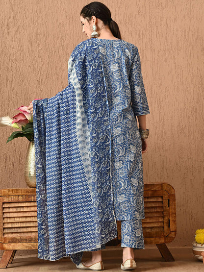 Women Floral Printed Regular Pure Cotton Kurta with Trousers & With Dupatta - Amy's Cart