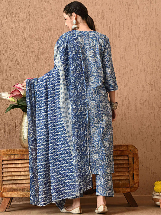 Women Floral Printed Regular Pure Cotton Kurta with Trousers & With Dupatta - Amy's Cart