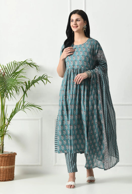 Women Blue Pure Cotton Kurta Pant Dupatta Set