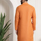 Men Orange Dobby Self-Checked Straight Kurta