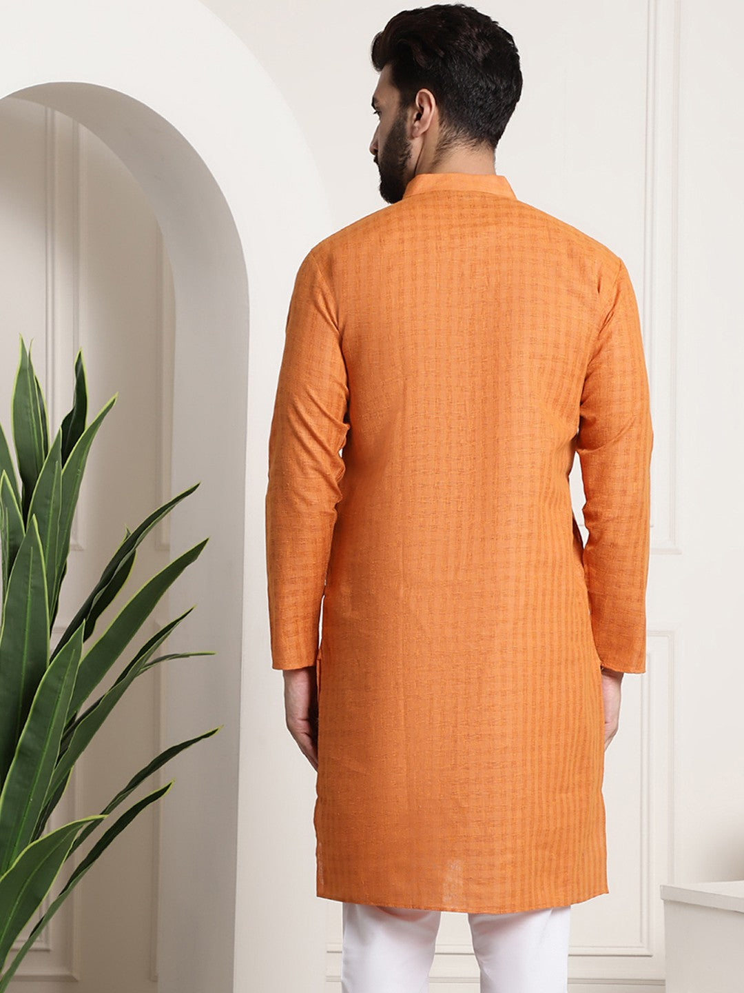 Men Orange Dobby Self-Checked Straight Kurta