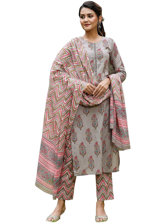 Women's Grey Cotton Blend Floral Block Printed Straight Kurta Pant With Dupatta