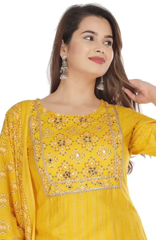 Women Yellow Viscose Rayon Embroidered Kurta and Dupatta Set