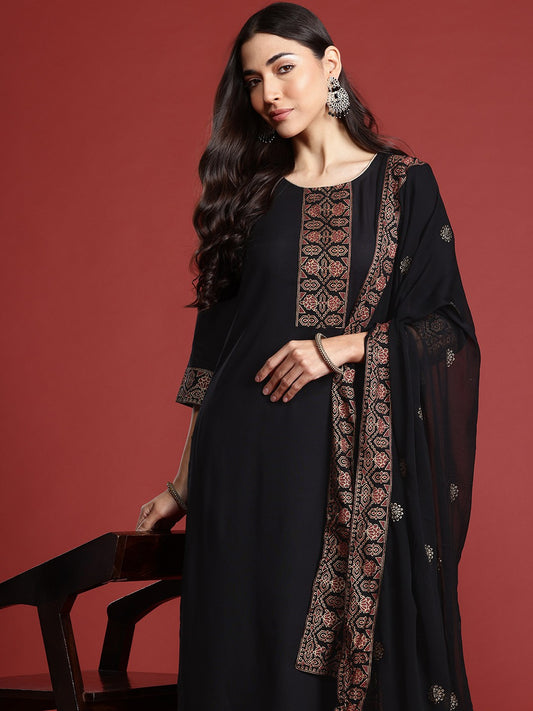 Black Ethnic Motifs Printed Straight Kurta with Trousers & Dupatta