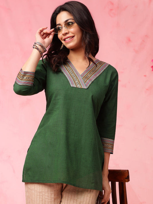 Green Woven Design Zari Straight Pure Cotton Kurti