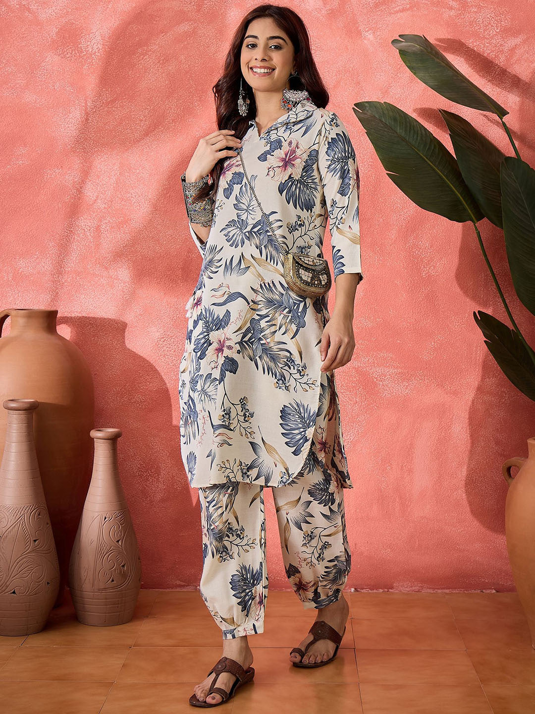 Floral Printed Shirt Collar Straight Kurta With Salwar - Amy's Cart