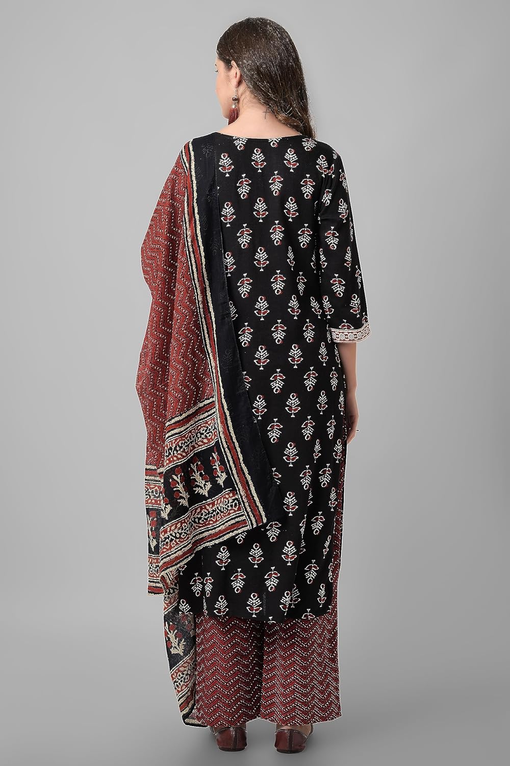 Women's Black Rayon Printed Kurta with Palazzos and Dupatta set