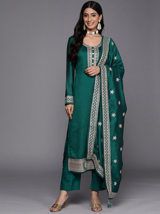 Women Teal Floral Motifs Yoke Design Sequinned Kurta with Trousers & Dupatta