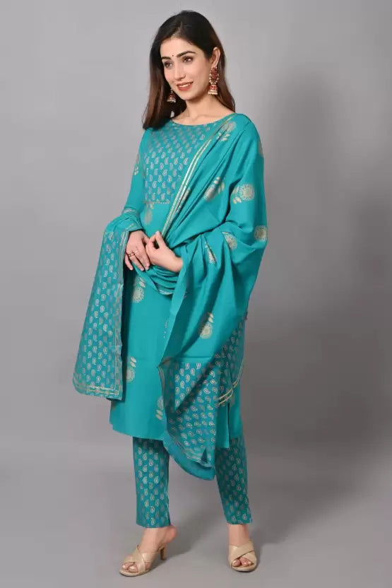 Women Blue Viscose Rayon Kurta Pant Dupatta Set