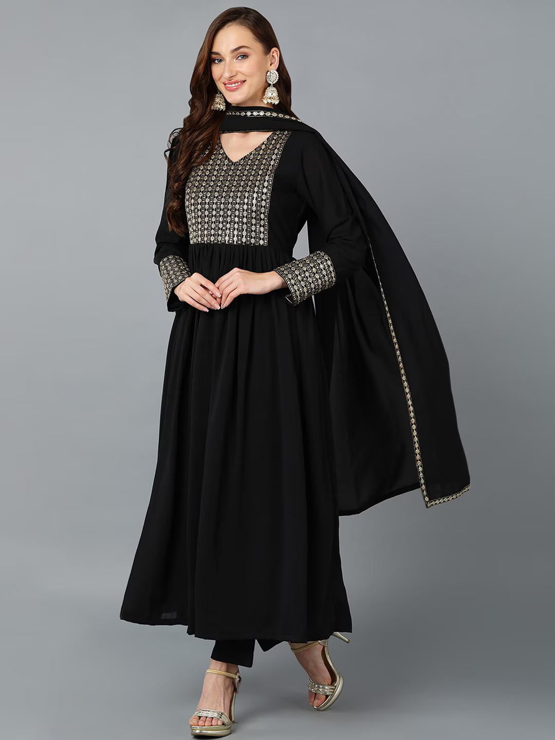 Black Ethnic Motifs Yoke Embroidered Sequined Anarkali Kurta & Trousers With Dupatta