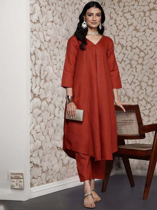 Women Solid Front Pleated A Line Kurta Set