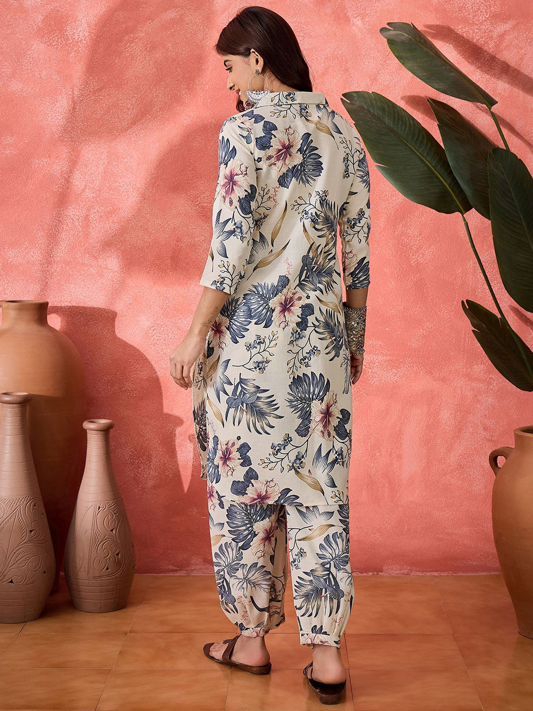 Floral Printed Shirt Collar Straight Kurta With Salwar - Amy's Cart