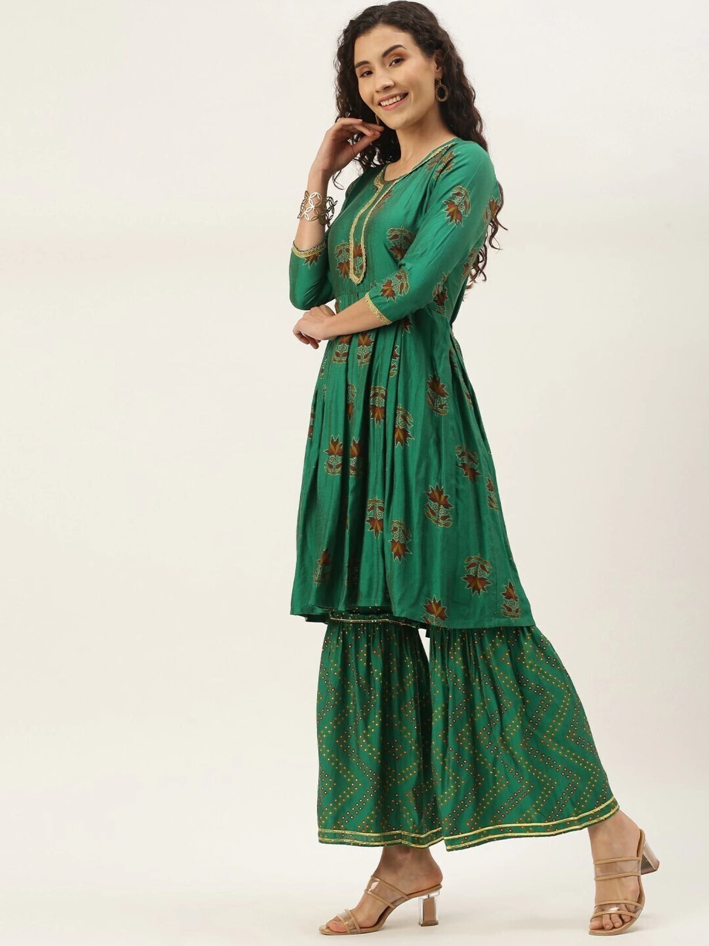 Women Green Cotton Blend Kurta Sharara Dupatta Set