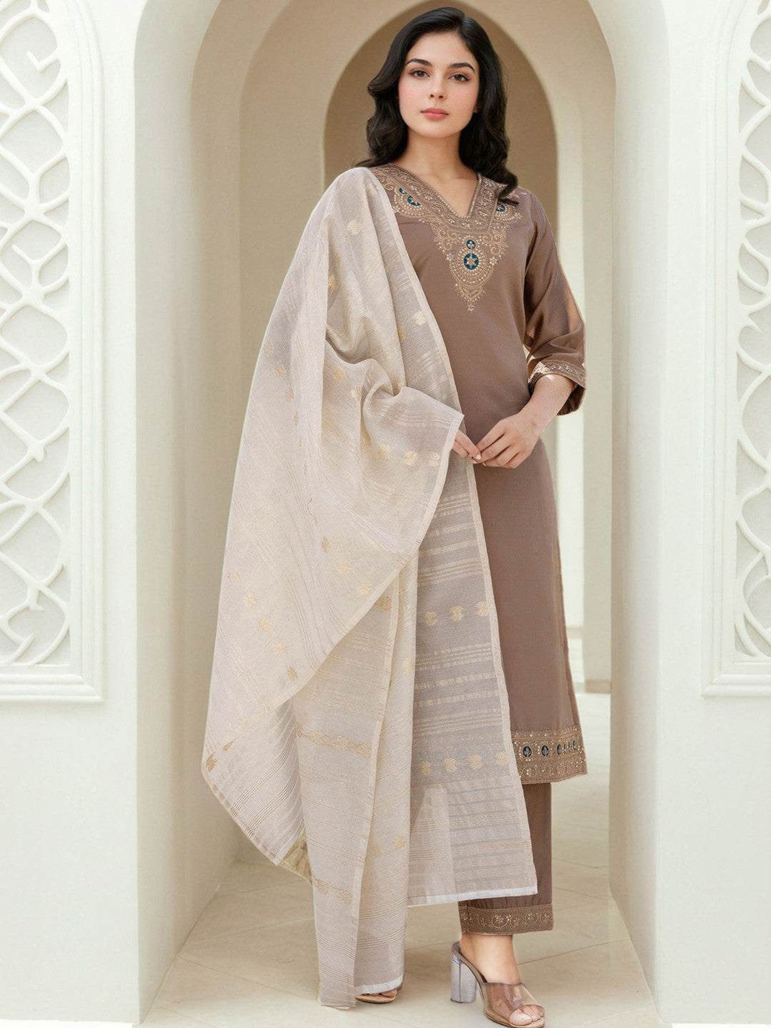 Ethnic Motifs Yoke Design Sequined Straight Kurta With Trousers & Dupatta