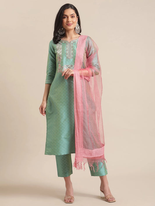 Women Silk Blend Kurta Pant Dupatta Set