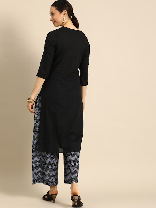 Women Black Regular Pure Cotton Kurta with Palazzos