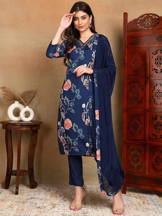 Navy Blue Floral Printed Zari Work Straight Kurta With Trousers & Dupatta