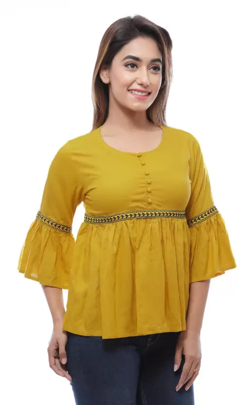 Casual Regular Sleeves Embroidered Women Green Top