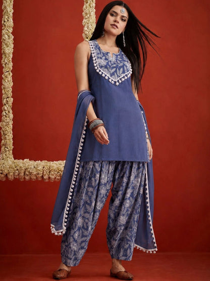 Women Blue Solid Pure Cotton Short Straight Kurti Farshi Salwar With Dupatta Set