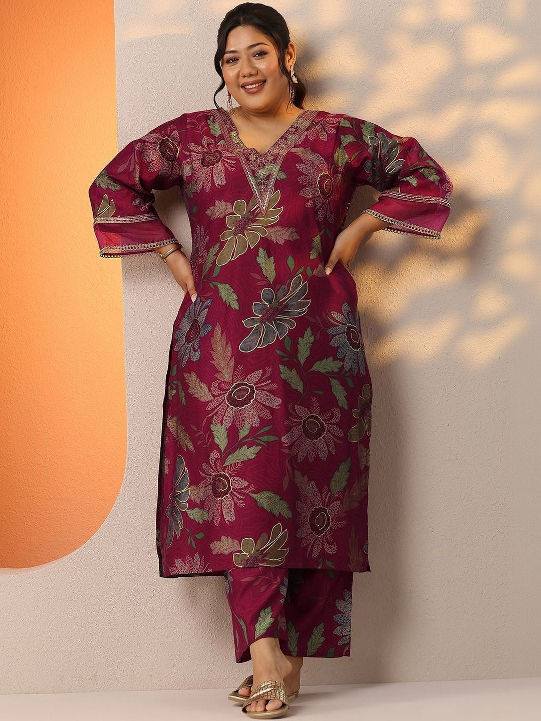 Plus Size Floral Printed Regular Thread Work Kurta with Palazzos