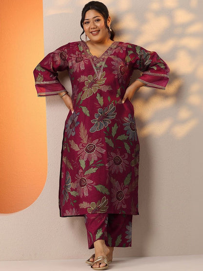 Plus Size Floral Printed Regular Thread Work Kurta with Palazzos