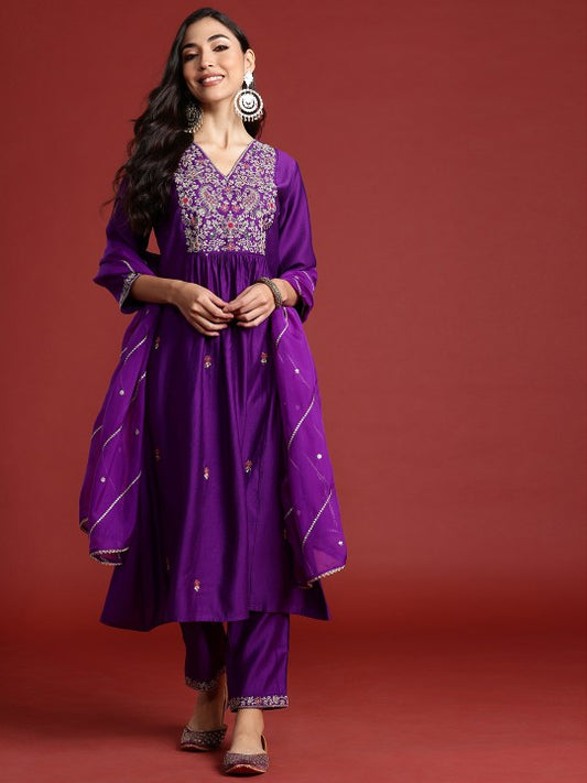 Floral Embroidered Pleated Aari Work Liva Kurta With Trousers & Dupatta