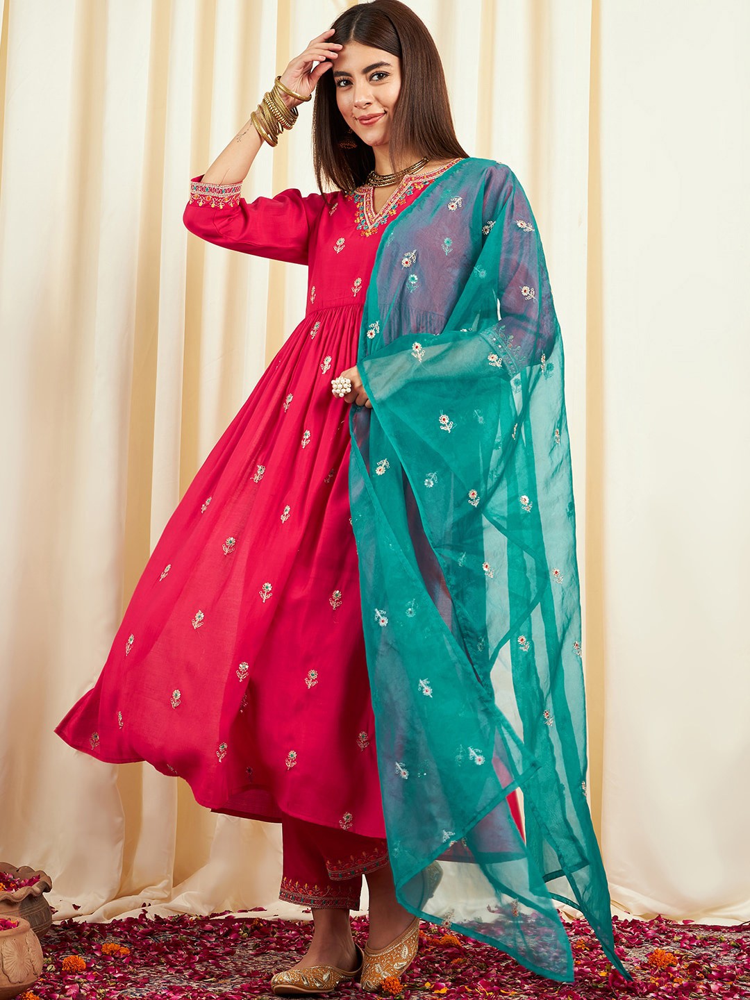 Floral Embroidered Pure Silk Anarkali Kurta & Trousers With Dupatta