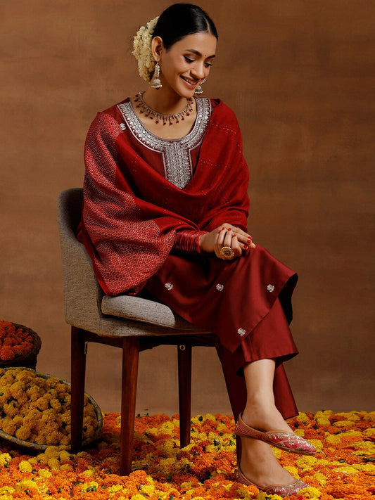 Floral Embroidered Sequinned Straight Kurta With Trousers And Dupatta