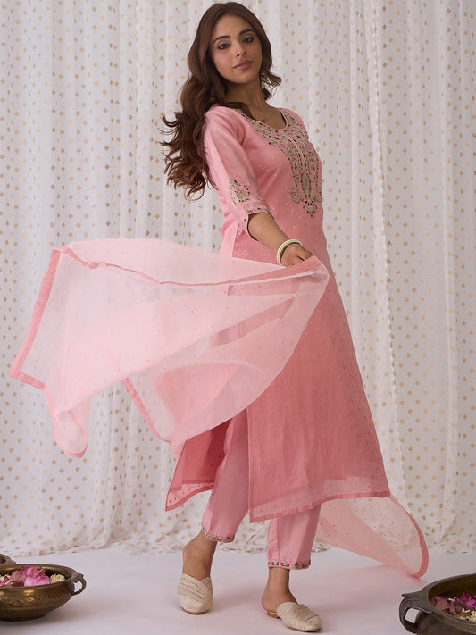 Floral Embroidered Round Neck Straight Kurta with Trousers & Dupatta