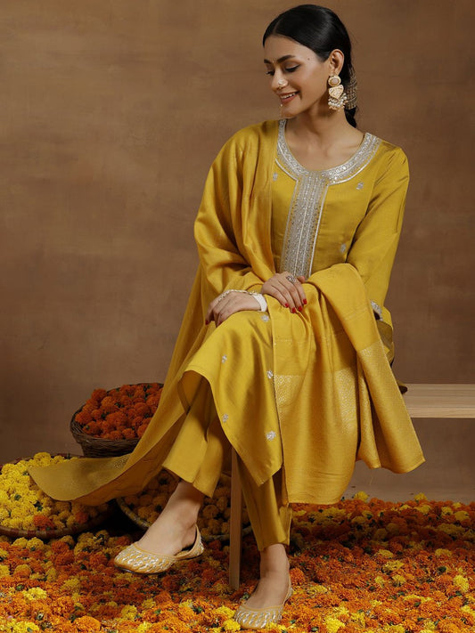 Floral Embroidered Sequinned Straight Kurta With Trousers And Dupatta