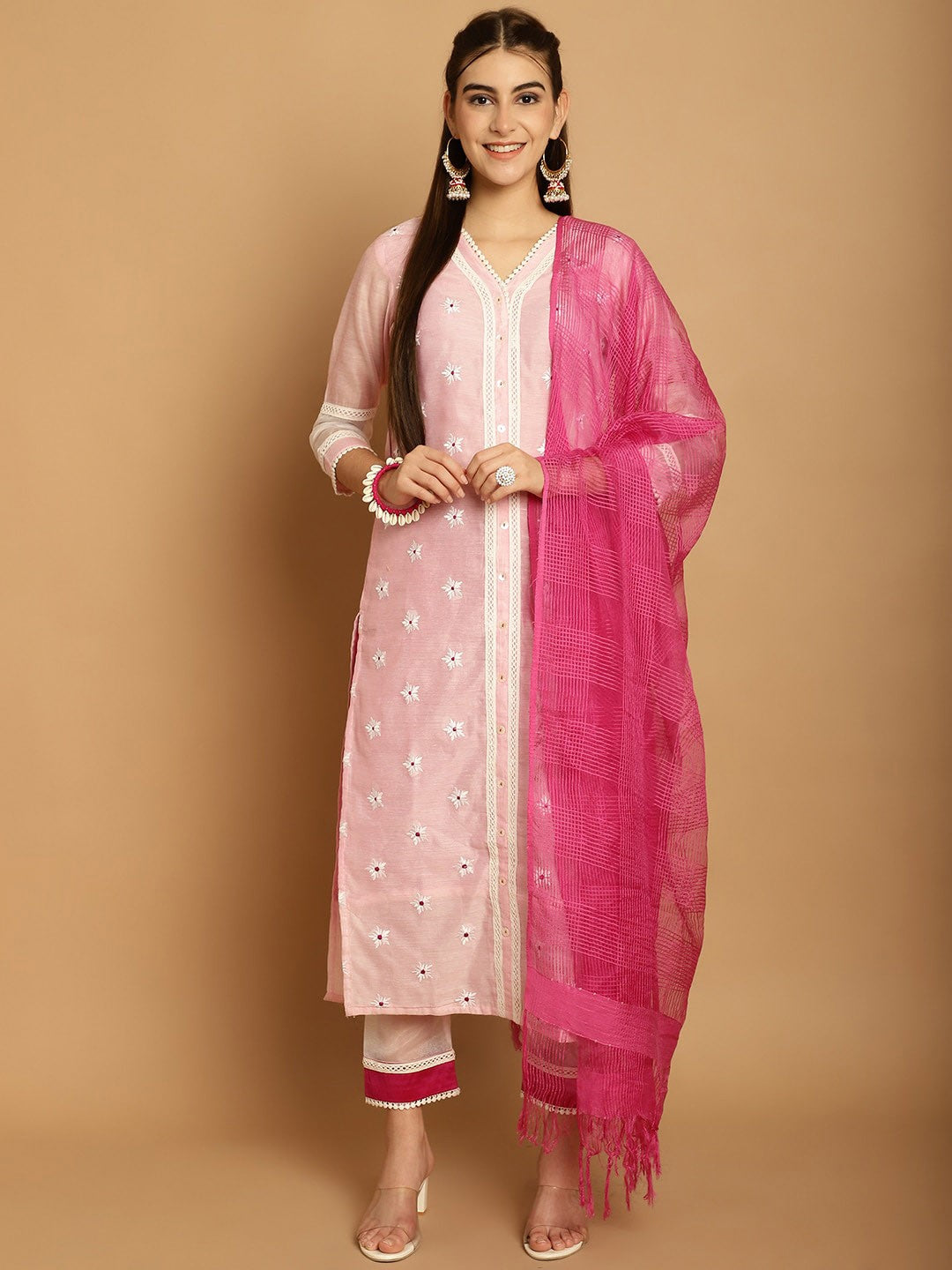 Floral Embroidered Thread Work Kurta With Trousers & Dupatta