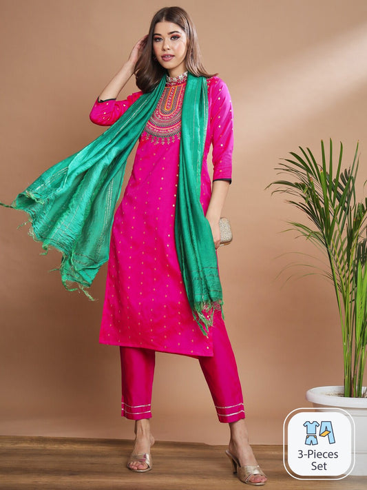 Floral Embroidered Thread Work Kurta With Trousers & Dupatta