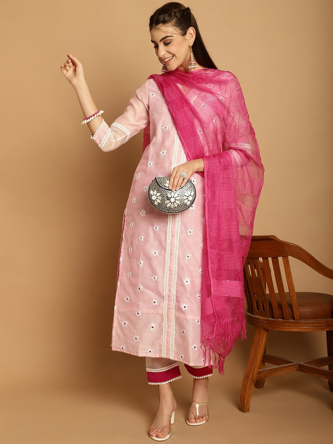 Floral Embroidered Thread Work Kurta With Trousers & Dupatta