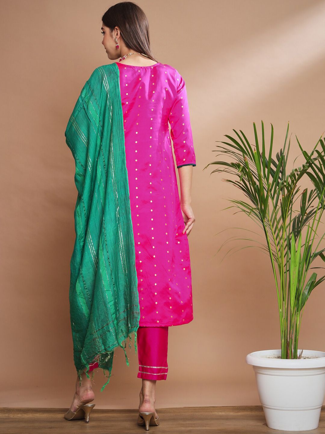 Floral Embroidered Thread Work Kurta With Trousers & Dupatta